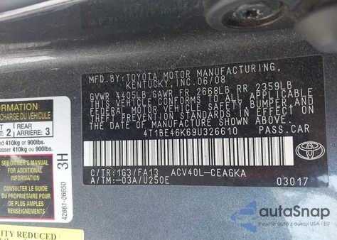 2009 Toyota Camry Xle z USA, uszkodzony, nr VIN 4T1BE46K69U326610